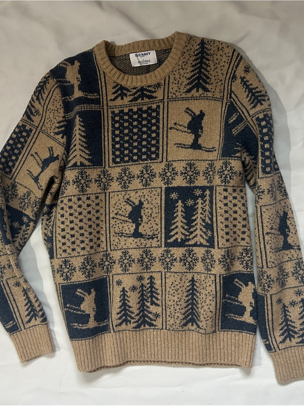 Old Navy Tan and Navy Ski-Pattern Crewneck Sweater